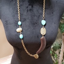 Womens Fashion Gold Chain Turquoise Stones Long Collar Necklace w/ Lobster Clasp - £25.88 GBP