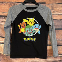 Pokemon Boys Raglan Shirt Medium Long Sleeve Black &amp; Gray Nintendo Pokédex - $9.49