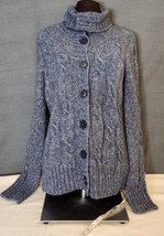 LL Bean Sz S Blue Soft Wool Blend Button Cardigan Sweater Chunky Cable knit - £23.94 GBP