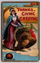 Thanksgiving Greetings Pilgrim Woman Walking Large Turkey Postcard E37 - £7.19 GBP