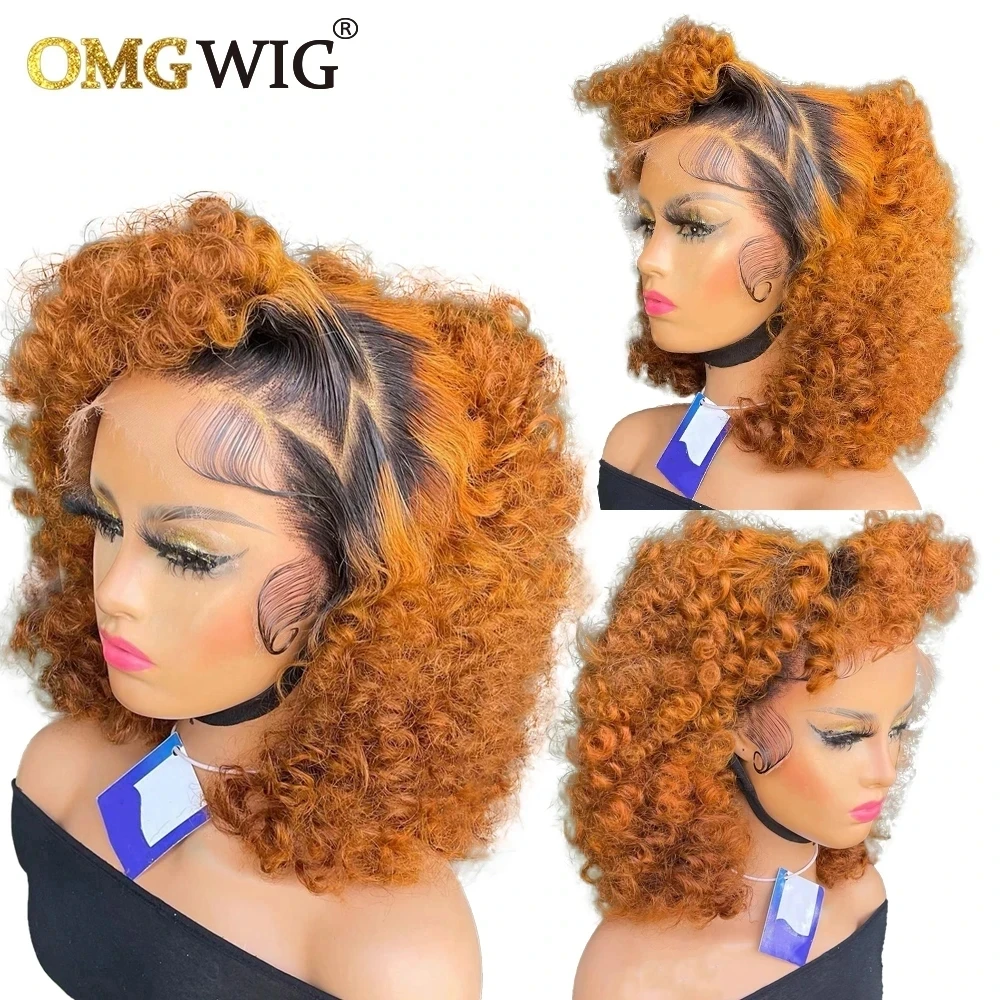 13x6 Lace Frontal Wig 1BOrange Color Straight Short Bob Ginger Loose Curly W - £81.90 GBP+