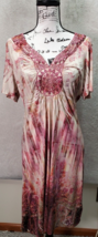 World Unity Boho Dress Womens Medium Pink Polyester Beaded Short Sleeve V Neck - £20.61 GBP
