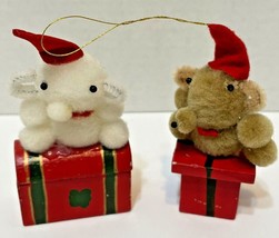 VTG Lot 2 Hand Painted Pipe Cleaner Wood Pom Felt Christmas Ornaments Bear Mouse - £13.23 GBP