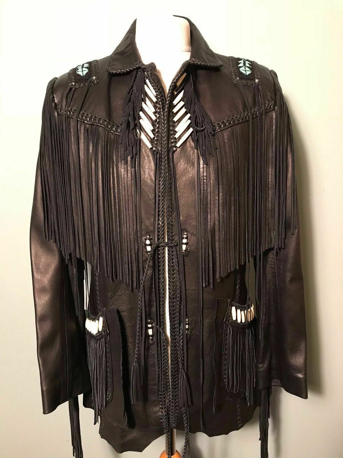 Dark Brown Western Style Bone Bead Patches Genuine Cowhide Leather Fringe Jacket