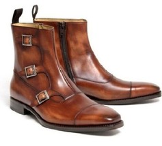 Men Brown Monk Triple Buckle Straps Cap Toe Side Zipper High Ankle Leather Boots - £119.87 GBP