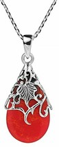 Sterling Silver Red Coral Vintage Floral Vine Adorned Teardrop Pendant Necklace - £63.89 GBP