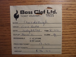CHRIS DE BURGH Vintage Collectable Bass Clef Ticket Voucher 1984 Ottawa ... - $9.50