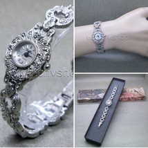 Silver Black Vintage Style Marcasite Crystal Women Jewelry Bracelet Watch LM05 - £21.70 GBP