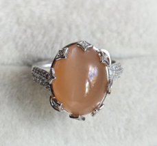 Peach Moonstone/ White Zircon Crown Ring in Platinum Over Sterling, 10.10cts Sz8 - £48.53 GBP