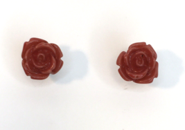 Muted Red Tone Faux Carved Rose Flower Earrings Stud Post Molded Shape - £7.97 GBP