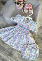 Floral Hand-Smocked Embroidered Baby Girl Dress / Toddlers Girl Smocking Dress. - £30.55 GBP
