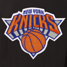 NBA New York Knicks Wool Leather Reversible Jacket Front Patch Logos Black - £175.85 GBP