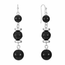 Liz Claiborne Women&#39;s Black Round Beaded Drop Earrings Silver Tone New - £12.65 GBP