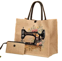 Vintage Sewing Machine Print Tote Bag Coin Purse Jute Canvas 12 x 8-in G... - $15.10