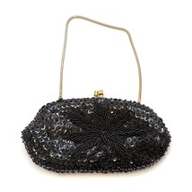 Vintage Black Beaded Flower Evening Cocktail Clutch Purse Gold Chain - $19.77