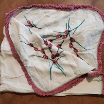 Vintage PINK Hand Crochet Embroidery Table Cloth 34x40 Inch - £6.40 GBP