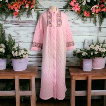 Lane Bryant Quilted Robe L Vintage 70s Kaftan Housecoat Pink Embroidered MuuMuu - £76.52 GBP