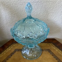 Vtg Fenton Aqua Blue Opalescent Lily Of The  Valley Covered Pedestal Compote - £62.40 GBP