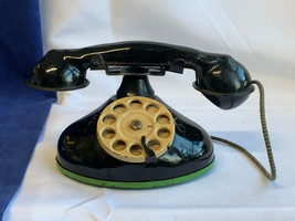 Vtg Tin Litho Toy Telephone Shabby Black Rotary Dial Desktop Childrens Phone - $29.65