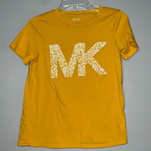 Michael Kors Women&#39;s Golden Yellow With MK floral print Logo T-Shirt Size XS - $13.72