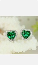 4Ct Heart Green Simulated Emerald Halo Stud Earrings 14K White Gold Plated - £76.59 GBP