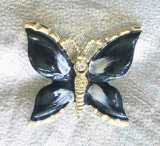 Crystal Rhinestone Black Enamel Gold-tone Butterfly Brooch 1950s vintage... - £9.65 GBP