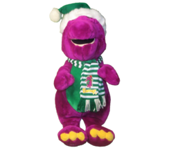 22&quot; Barney Santa Plush 1992 Purple Dinosaur Green Hat Striped Scarf Lyons Group - £12.35 GBP
