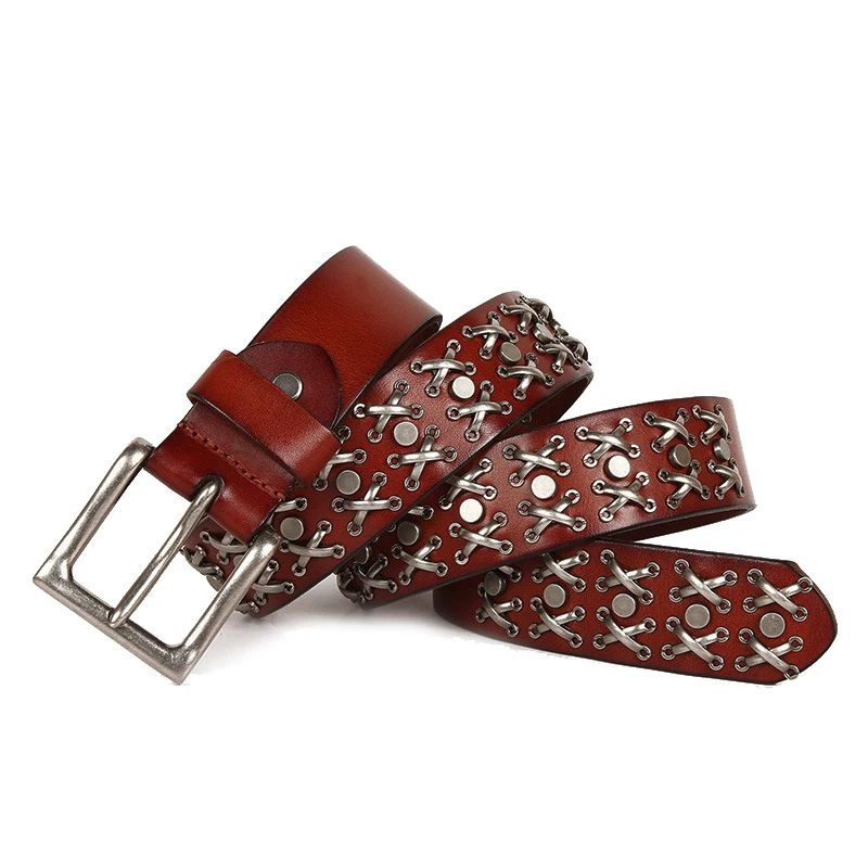 Top Natural 100% cow leather buckle belt   genuine leather punk rivet be-120CM - £46.41 GBP