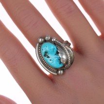 sz8 Vintage Native American silver and turquoise ring with leaf - £51.37 GBP