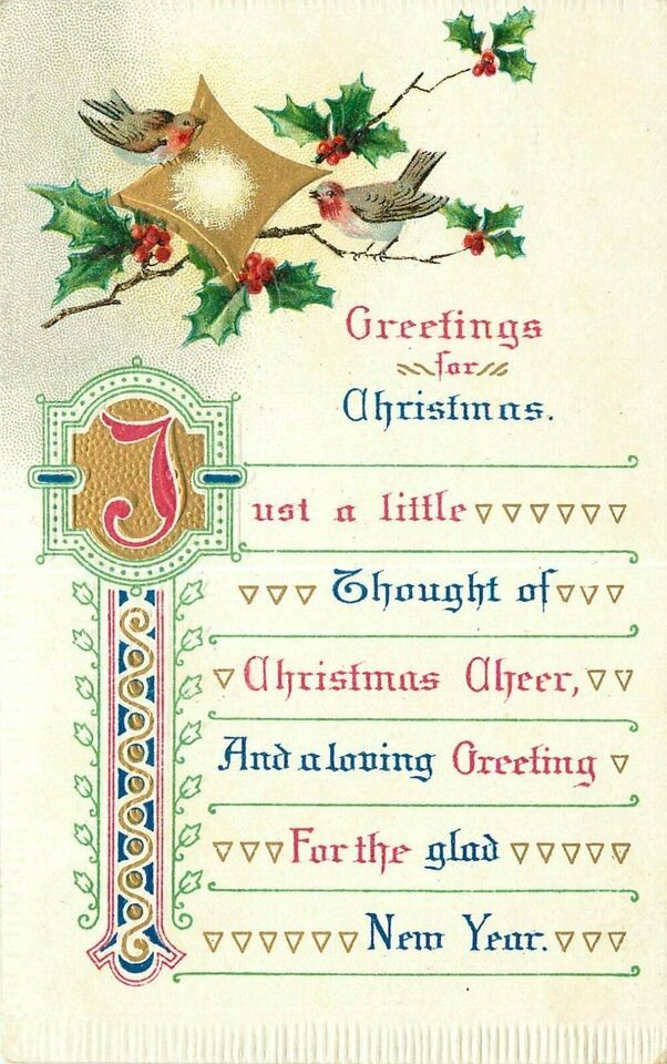 Antique Embossed Christmas Postcard L063 1909 Bird Holly Art Noveau Design - $5.94