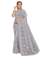 Designer Grey Glitter Coding Embroidery Work Sari Organza Party Wear Saree - £82.53 GBP