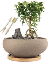 Round Unglazed Ceramic Bonsai Pot With Bamboo Tray From Muzhi Is An 8-In... - $34.94