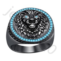 0.40 Ctw Lab Created Blue Topaz 14K Black Gold Over Wedding Lion Men&#39;s Ring - £37.30 GBP