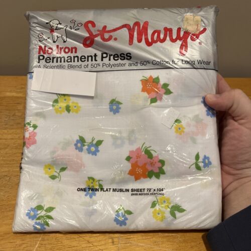 Vintage St Marys TWIN FLAT sheet Small Flowers Floral Pink Yellow NOS Mu... - $24.74