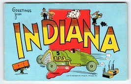 Greetings From Indiana Auto Race Car Pig Farmer Factory Postcard Map Lin... - $16.15