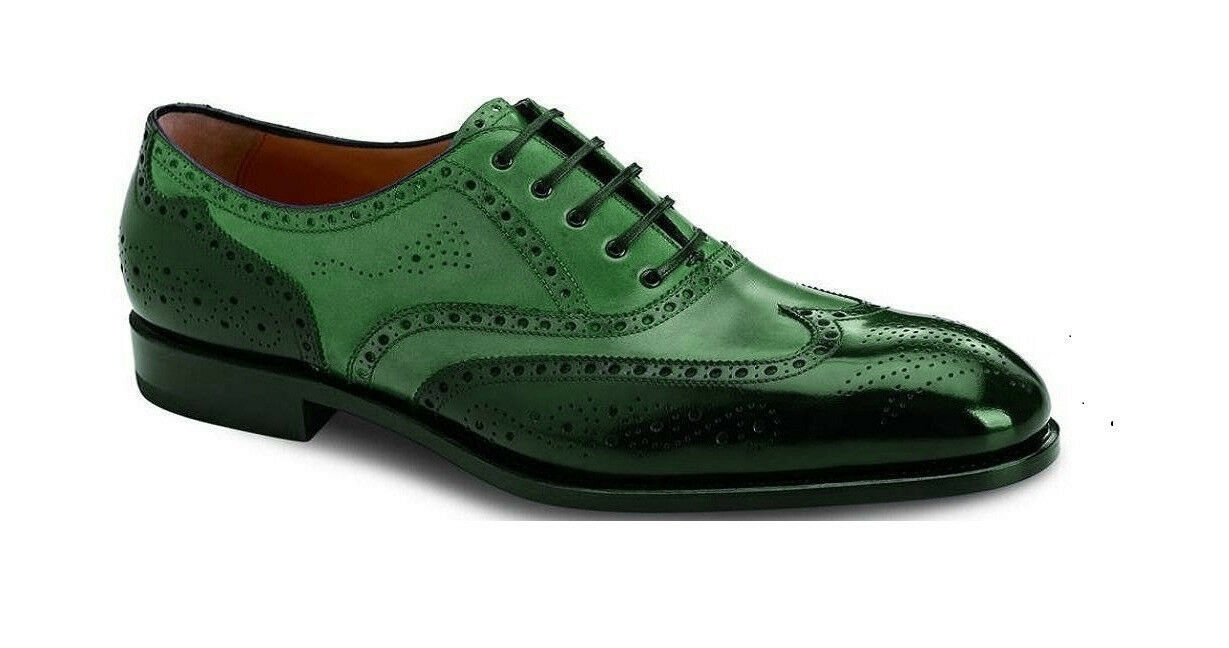 New Men's Green Color Full Brogue Toe Wing Tip Genuine Leather Lace Up Shoes