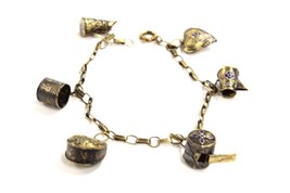 Vintage Asian India Charm Bracelet 7 Inches Brass Lapis Blue enamel 1920... - $52.57