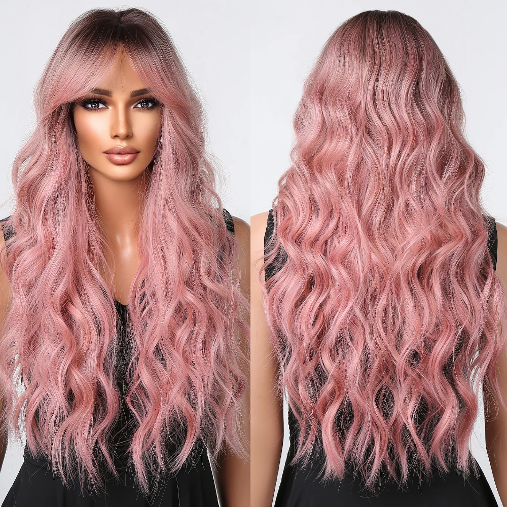 Long Curly Pink Synthetic Wigs with Bangs for Black White Women Natural Wa - £17.17 GBP+