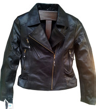 Womens Leather Black Zip Moto Biker Jacket, Handmade Brando Style Leathe... - $152.99