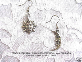 Celestial Flaming Sun &amp; Man In Moon Crescent Cast Usa Pewter Dangle Earrings - £6.79 GBP