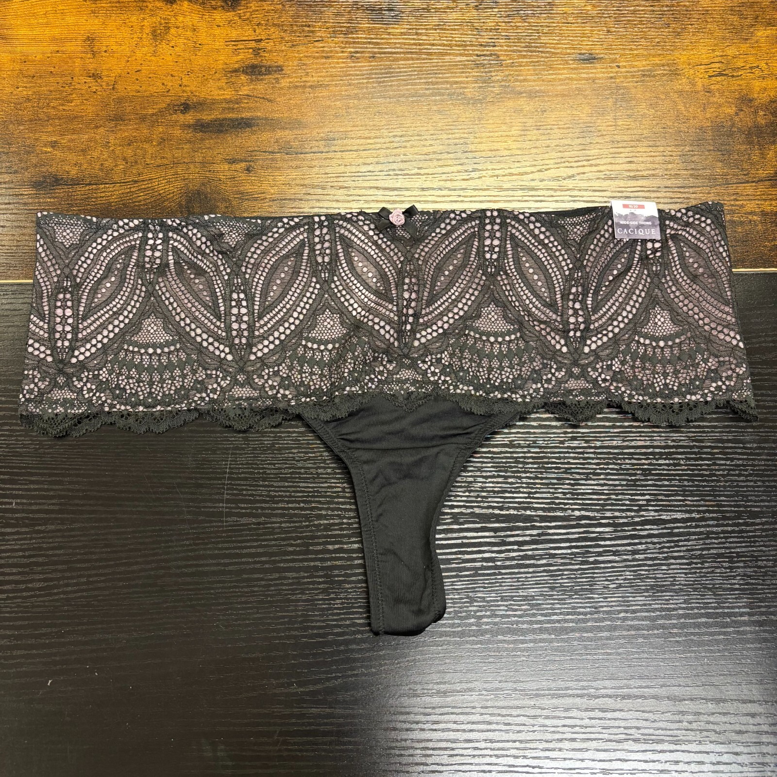 Lane Bryant Cacique NWT Nylon Lace Black Pink Wide Side Thong 18/20 Sexy - $15.99