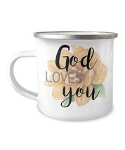 Bible Enamel Mug - God Loves You Over Yellow Rose Background - 12 oz. Wh... - $15.95
