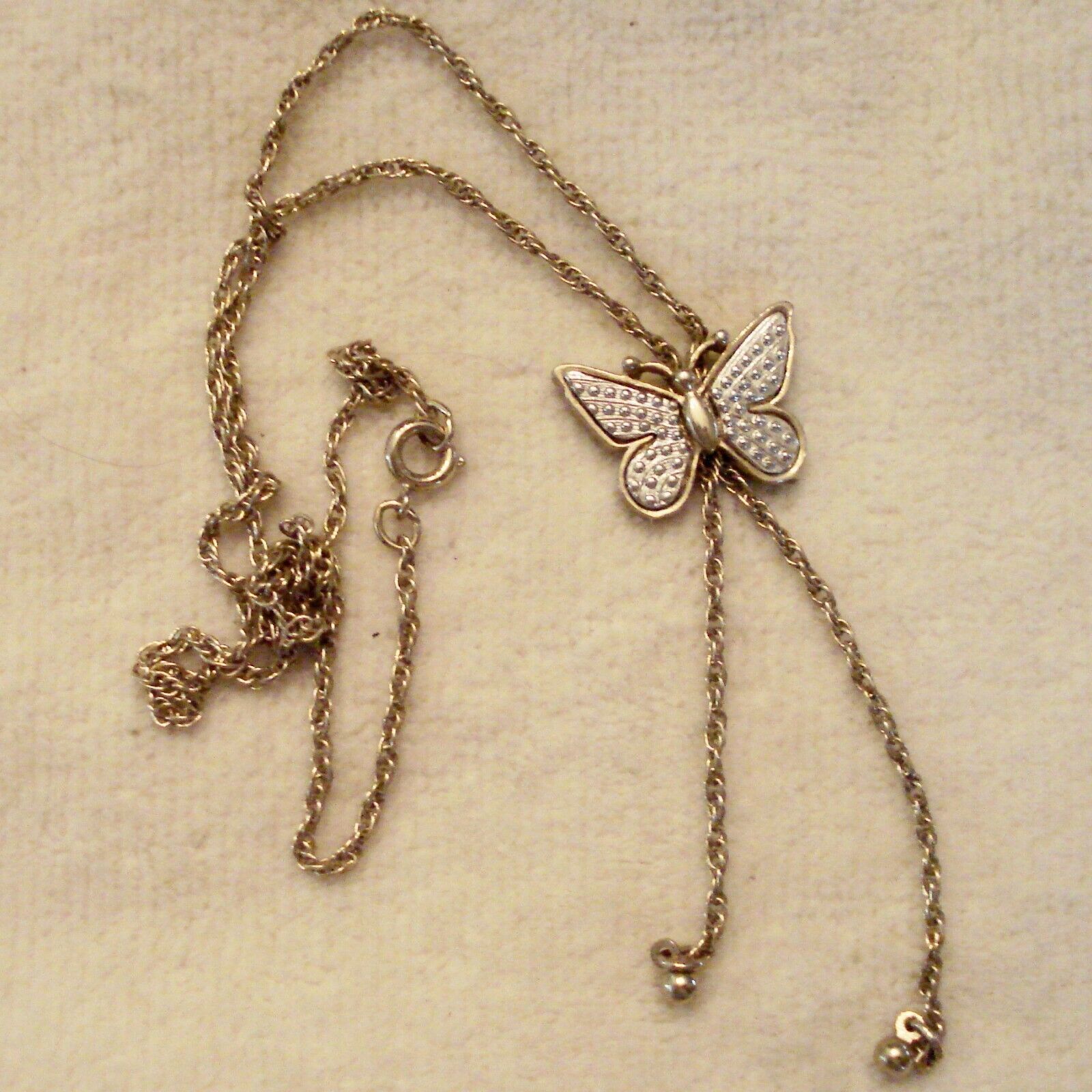 Avon Butterfly Lariat Necklace 19" Gold Tone Chain Texture Silver Tone Wing 1979 - $19.72