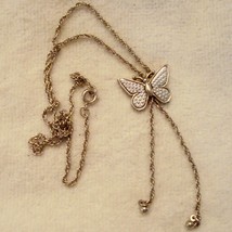 Avon Butterfly Lariat Necklace 19&quot; Gold Tone Chain Texture Silver Tone Wing 1979 - $19.72