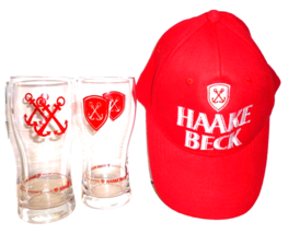 2 Haake Beck Bremen German Beer Glasses &amp; Promotional Brewery Cap - £15.91 GBP