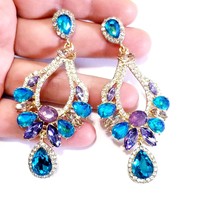 Multi Color Drop Earrings, Bridesmaid Rhinestone Earrings, 3.4 Inch Pageant Jewe - £31.31 GBP