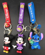 Lot of Three (3) Disney Mickey Minnie Lilo &amp; Stitch Rubber Figurine Ketchains - £9.58 GBP