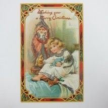 Christmas Postcard Old World Santa Girl Bed Toys Doll Bunny Rabbit Tuck Antique - £23.91 GBP