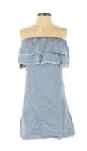 DEREK HEART Womens Dress Blue Chambray Off Shoulder Mini Frayed Hem Small NEW - £6.95 GBP