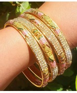 4 Pack 18K Gold Plated White Crystal Studded Bangle Bracelets See Video - $19.47